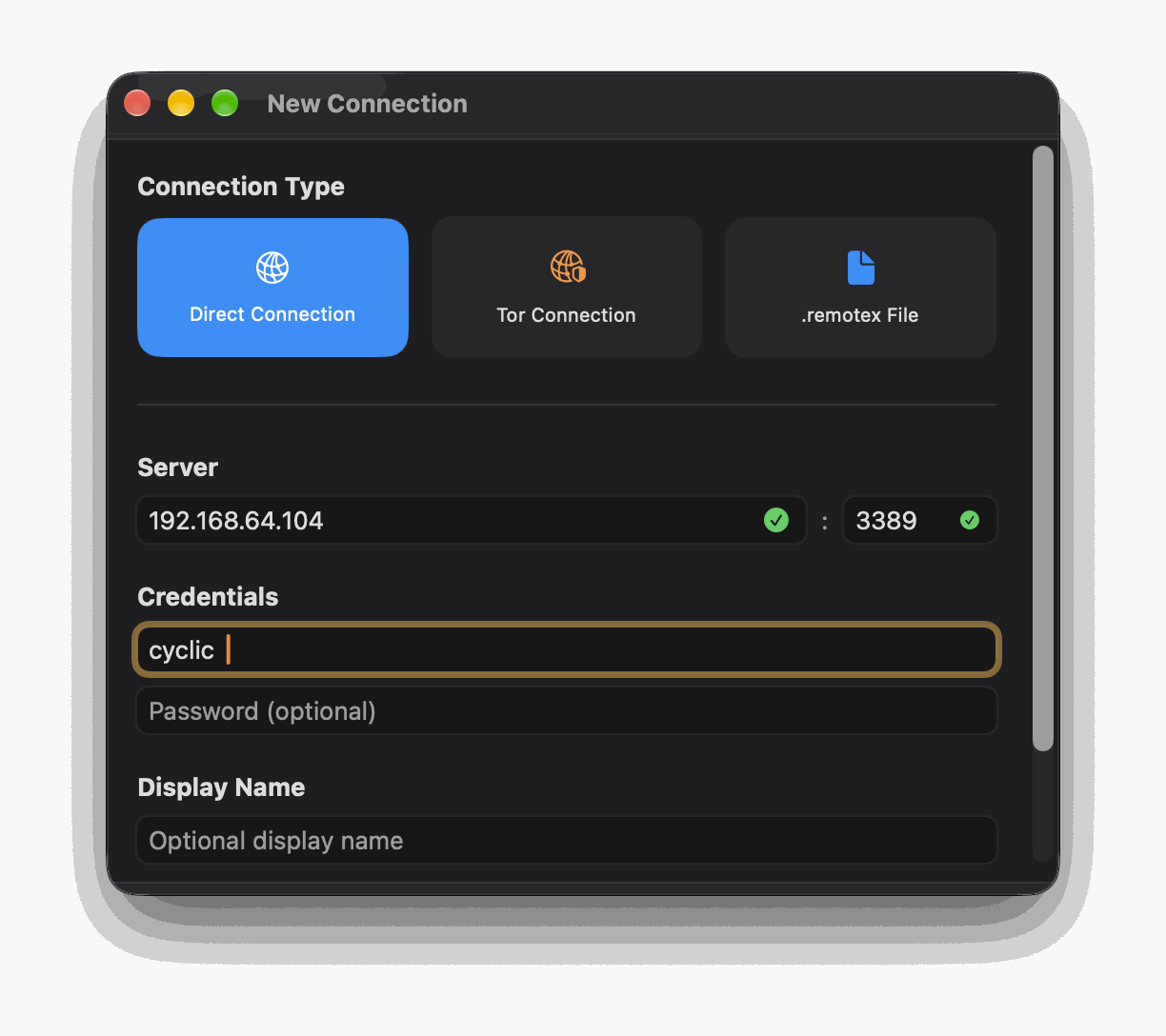 The New Connection window: a choice of direct, Tor or .remotex file, with server address, port and credentials.