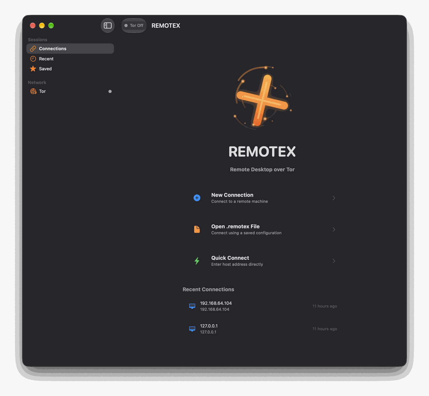 The RemoteX window: sessions and saved connections in the sidebar, and New Connection, Open .remotex File and Quick Connect alongside recent machines.