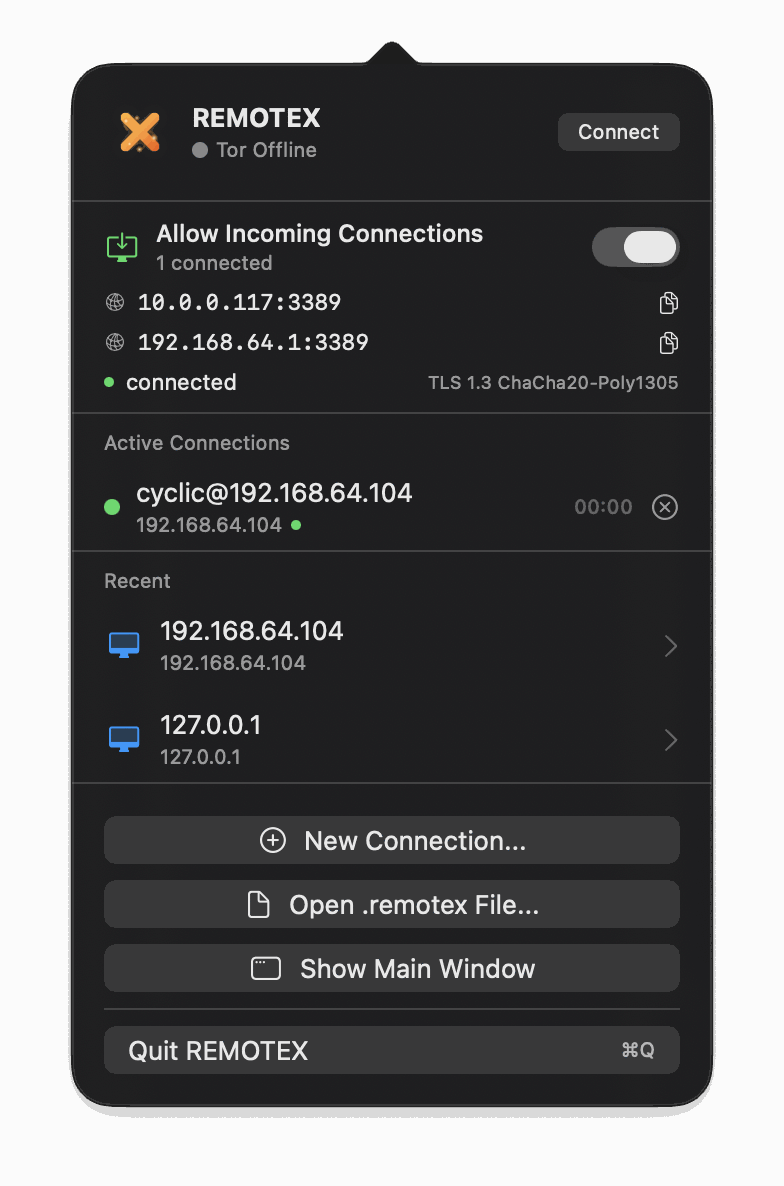 The RemoteX menu bar panel: incoming connections allowed, the addresses to hand out, the active session, and the TLS 1.3 cipher in use.